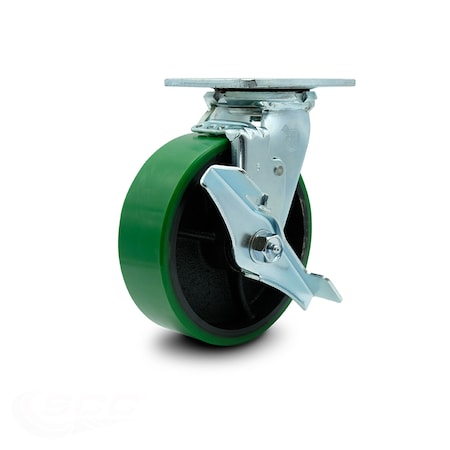 Service Caster 6 Inch Green Poly on Cast Iron Swivel Caster with Ball Bearing and Brake SCC SCC-30CS620-PUB-GB-TLB